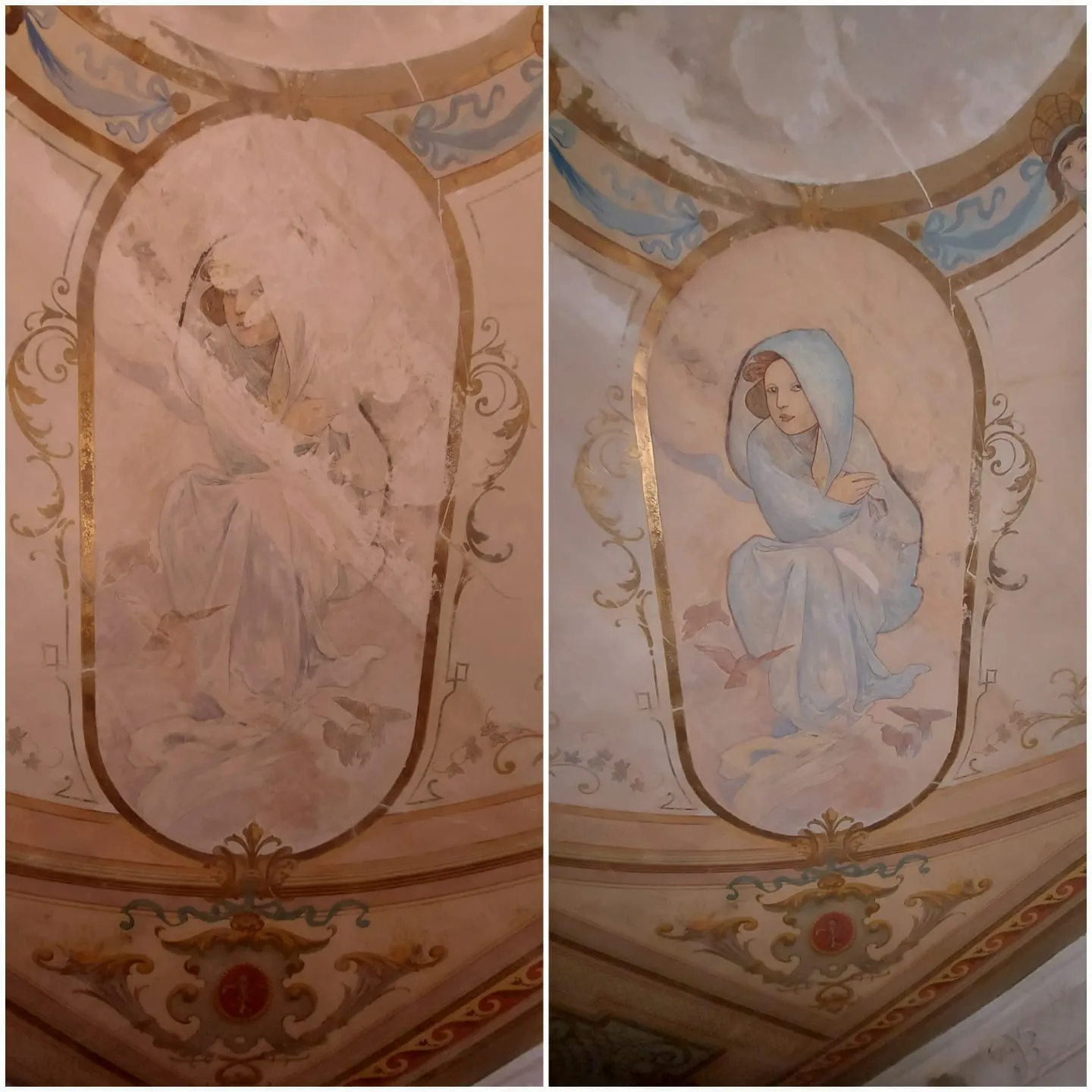 Casa Fântâneanu — pictură murală înainte și după restaurare